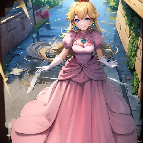 ((masterpiece,highest quality)), absurd, princess_peach,  (pink dress), blonde, blue eyes, long hair, crown, gem, gloves, puff s...