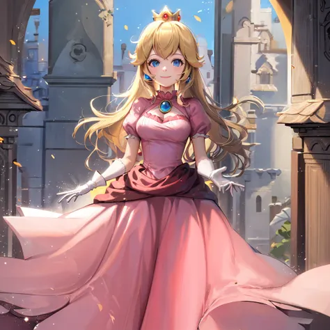 ((masterpiece,highest quality)), absurd, princess_peach,  (pink dress), blonde, blue eyes, long hair, crown, gem, gloves, puff s...