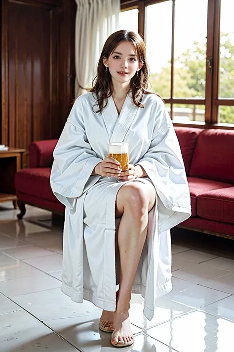 (Preserve face images), Golden Ratio、(((drinking a glass of beer)))、Beer bottles on the table、Pale face:1.3、Super thin face:1.3, (very big eyes:1.5)、 (blown eyes:1.5), master piece、8k, {highest quality}, {{masterpiece}}, {very delicate and beautiful}, outs...