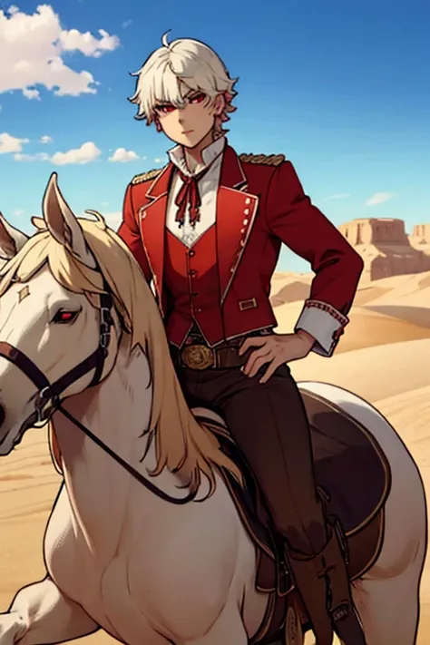 Perfect face. Perfect hands. A young white haired man with red eyes in a Gothic sheriffs uniform is riding a horse into the the desert of a wild west town 