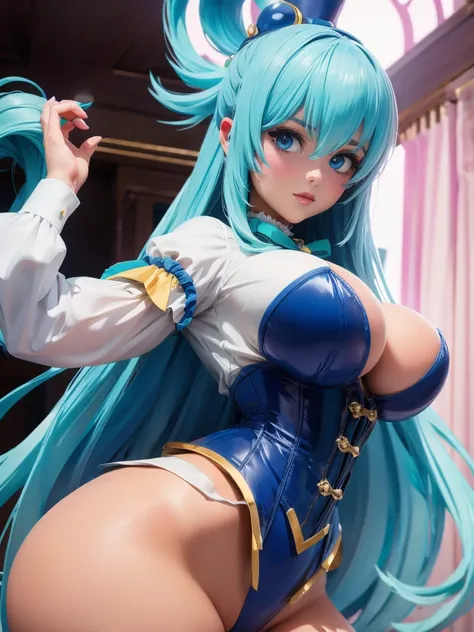 Aqua Konosuba, realistic, (piece of art:1.4, best quality specialist), (details), Обои Unity 8K, ultra detailed, (pastel shades:1.3), (lace) underwear and corset, beautiful and aesthetically pleasing, hat top hat, 1 girl, detailed, standing alone, Victoria...