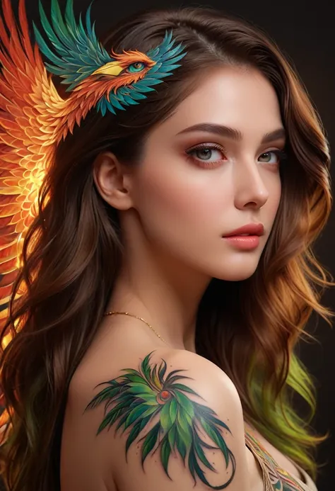 (best quality, 4k, 8k, high resolution, masterpiece: 1.2), ultra-detailed, (ultra-realistic, photorealistic, photorealistic: 1.37) a beautiful young brunette with a complex and colorful phoenix tattoo on her arm, 18 years old, Beauty amazing, intricate det...