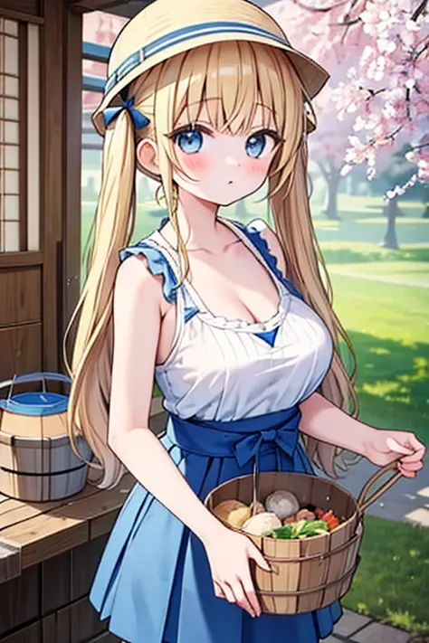 Highest quality,masterpiece,8k,Blonde with blue eyes、camisole、A very short mini skirt,Cleavage,Side view,Large Breasts、Twin tails、cute eyes,Bucket hat,bucket hat,Japanese Festivals,stall,