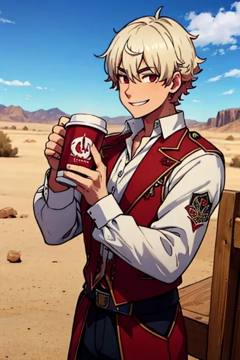 Perfect face. Perfect hands. A young white haired man with red eyes in a Gothic sheriffs uniform is drinking  coffee in the desert in a wild west town with a big smile