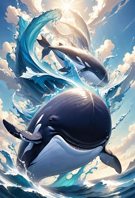 Whale leaps from the sea,Lean forward,The tail slaps the water vigorously, and the huge body draws a graceful arc in the air. The whale glides in the air like a huge ship, and it spreads its huge tail fin.,Like flapping broad wings.The whale glows silver-b...