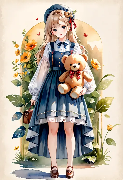 ((antique:1.5)),((with a big teddy bear:1.5)),beautiful and cute woman,1 female,solo,sharp features,sophisticated,((watercolor:1...