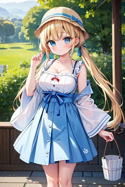 Highest quality,masterpiece,8k,Blonde with blue eyes、camisole、A very short mini skirt,Cleavage,Side view,Large Breasts、Twin tails、cute eyes,Bucket hat,bucket hat,Japanese Festivals,stall,