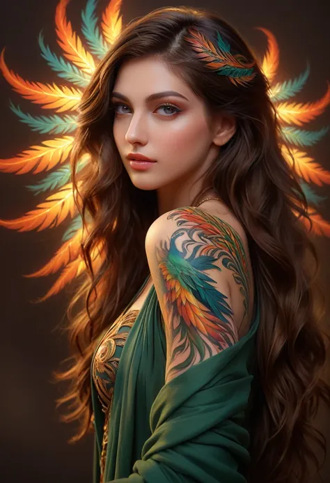 (best quality, 4k, 8k, high resolution, masterpiece: 1.2), ultra-detailed, (ultra-realistic, photorealistic, photorealistic: 1.37) a beautiful young brunette with a complex and colorful phoenix tattoo on her arm, 18 years old, Beauty amazing, intricate det...