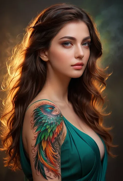 (best quality, 4k, 8k, high resolution, masterpiece: 1.2), ultra-detailed, (ultra-realistic, photorealistic, photorealistic: 1.37) a beautiful young brunette with a complex and colorful phoenix tattoo on her arm, 18 years old, Beauty amazing, intricate det...