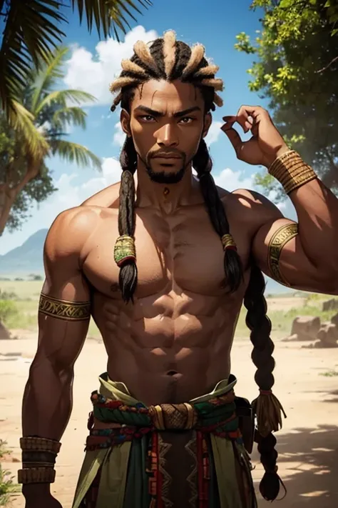 African man , braided hair , greeneyes, warrior clothing