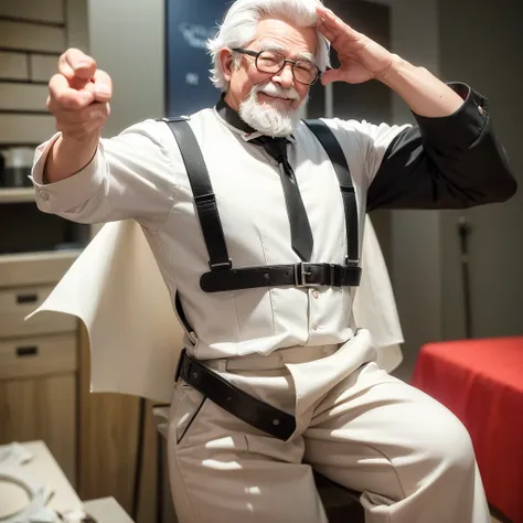 Create a realistic 3D model of Colonel Harland David Sanders from KFC, made entirely from ceramic. The model should depict Colonel Sanders with a smiling face, approximately 40 years old, wearing the traditional KFC uniform. He should be in a traditional w...