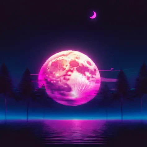 record,Vaporwave aesthetic style, Synthwave,moon