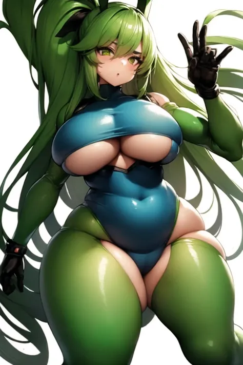 a cartoon image of a woman with green hair and a green outfit, thicc, gynoid body, full of greenish liquid, android heroine, oppai cyberpunk, sie boob, biomechanical oppai, oppai, anime monster girl, heavy green, hot reptile humanoid woman, , lamia, thick ...