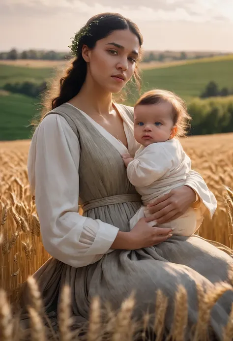 there is a woman sitting in a field with a baby, in a field, mother, maternal photography 4 k, in a wheat field, sitting in a field, in the countryside, jayson tatum as mother mary, inspired by William-Adolphe Bouguereau, tuomas korpi bouguereau, inspired ...