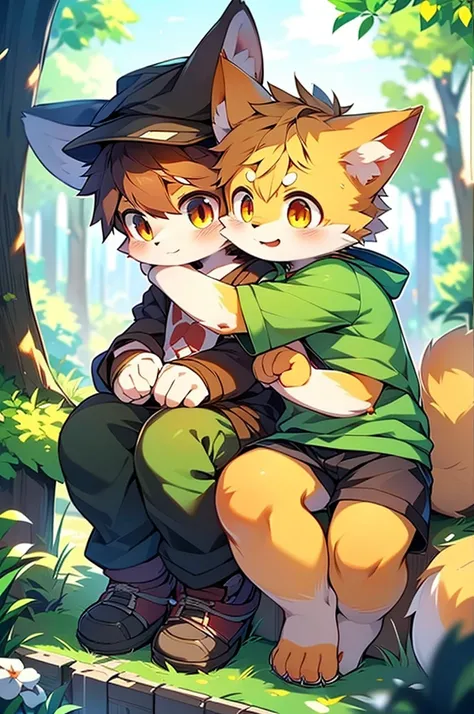 Anime-style image of a cat with orange eyes and a green shirt, Anime drawing by Shitao, Pixiv, fur art, Cute anime face, Wolf Year, Fox Ears, Anime Cat, Detailed fan art, cute Anime Catgirl, Sly Smile, realistic Anime Cat, With cute eyes, He has yellow wol...