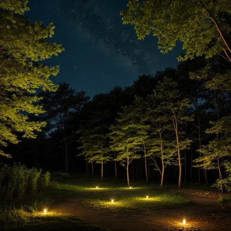 Quiet summer night、Beautiful scenery with fireflies dancing。