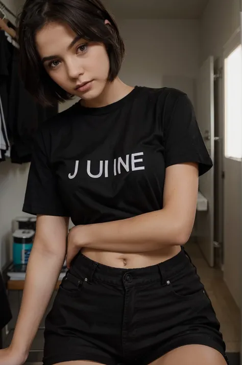 Photo of a beautiful girl with short hair wearing a black shirt with the name Jene written on it