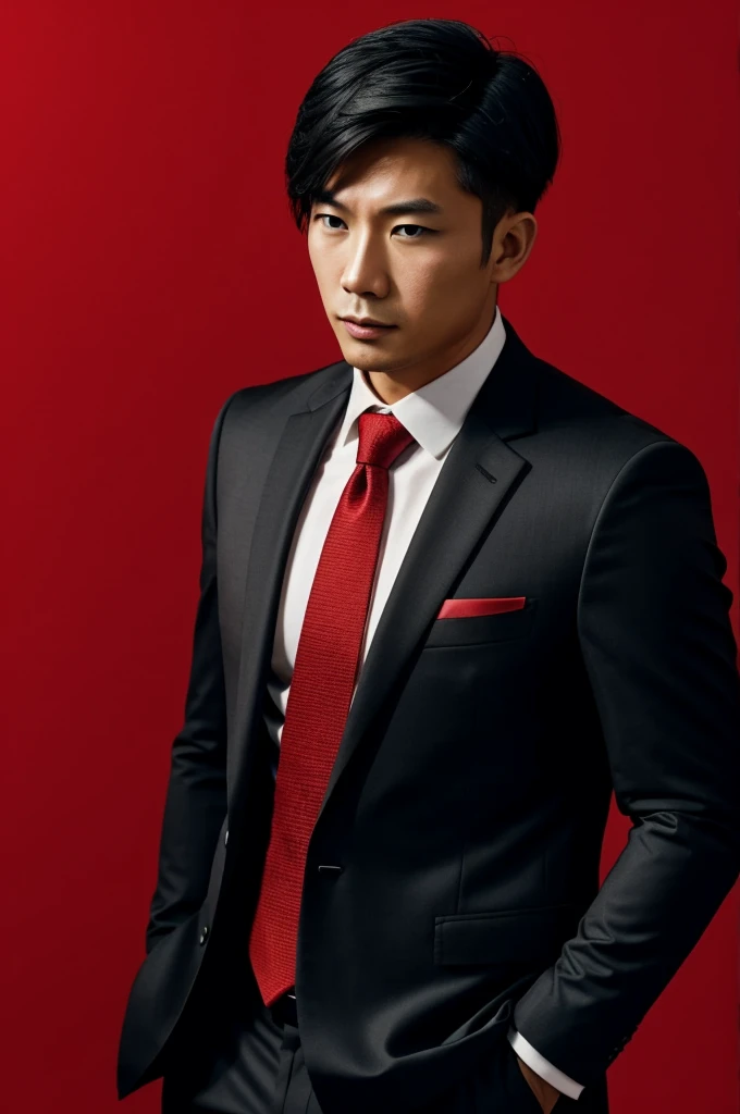 Sexy Asian man in a suit with serious look, red and black background 