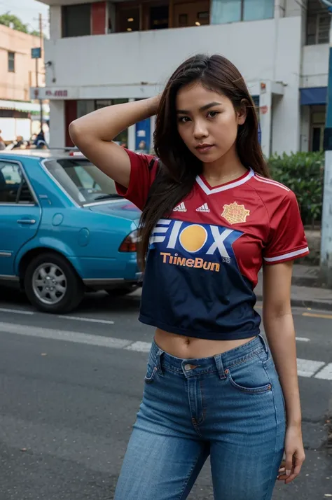 girl, jeans, thai national team jersey, street