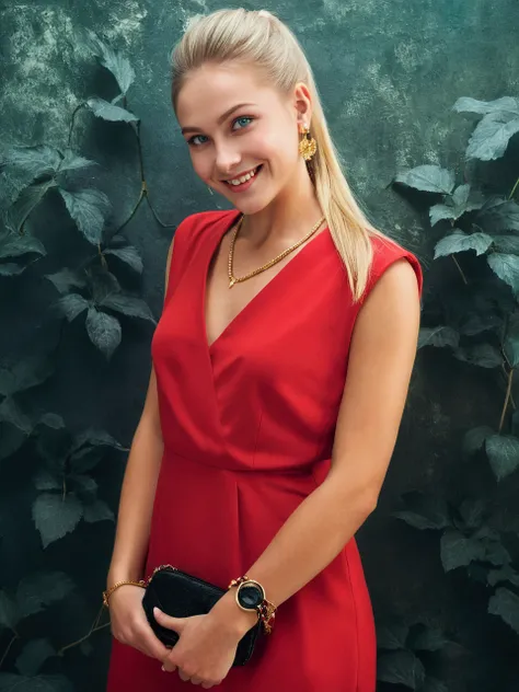 beautiful Russian girl, waist type, front view, Blue eyed, blonde with long hair, pulled back into a ponytail, smiles slightly, in a simple red dress, gold thin chain around the neck, gold earrings in ears, lightly made up, background wall with dim warm li...