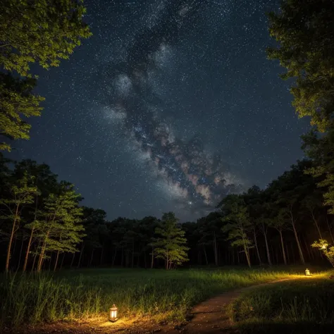 Quiet summer night、Beautiful scenery with fireflies dancing。