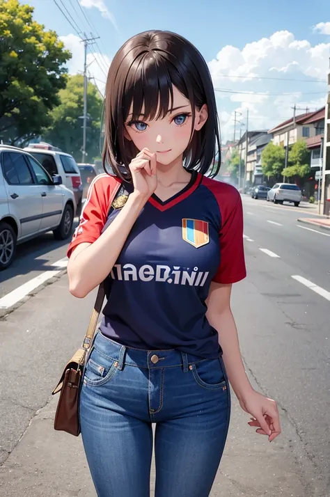 girl, jeans, thai national team jersey, street