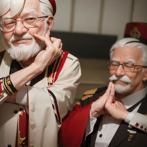 Create a realistic 3D model of Colonel Harland David Sanders from KFC, made entirely from ceramic. The model should depict Colonel Sanders with a smiling face, wearing the traditional KFC uniform, and in a traditional wai (hands in prayer) gesture. Ensure ...