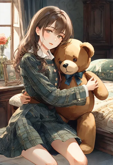 ((antique:1.5)),((hugging a teddy bear:1.5)),beautiful and cute woman,1 female,solo,sharp features,sophisticated,((watercolor:1....