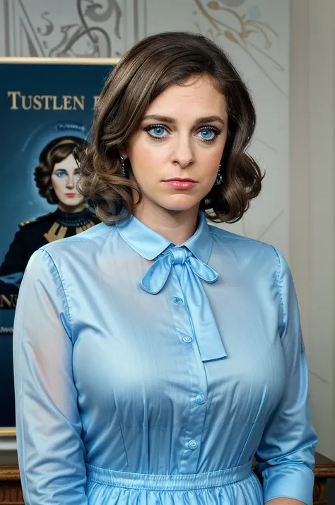 a professional photograph of beautiful (RB100m:1.1) woman,as the US President,wearing a (dark suit with light blue blouse:1.2),standing in front of the Resolution Desk in the Oval Office in the White House,arms crossed with serious expression,perfect wavy ...