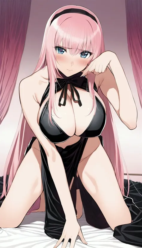 Masterpiece,Beautiful adult woman ,Megurine Luka,Big Breasts,Bunny girl,High leg black outfit,Pink long hair,blue eyes,Embarrassed expression,blush,Sexy々A pose,sit,On all fours,Bedroom,Complete human body