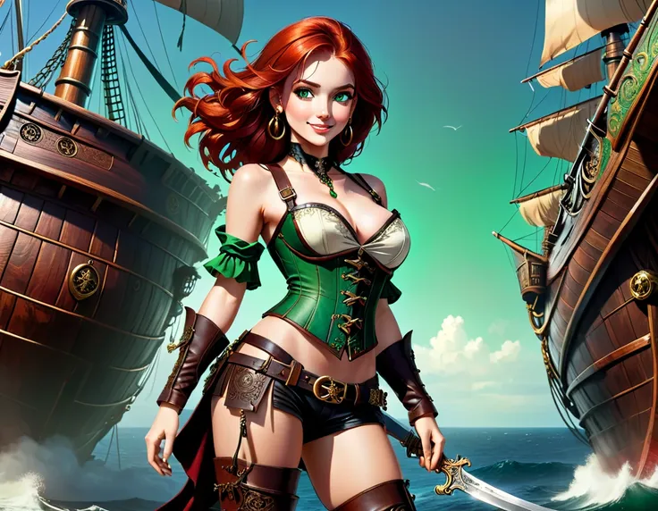 (artwork), best quality, expressive eyes, perfect face, (pirate ship background), (standing), (smug smile), (close up view), (1 ...