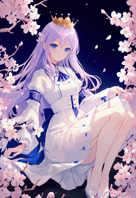 pale violet color hair, blue eyes, navy color crown, white dress, cherry blossom, night