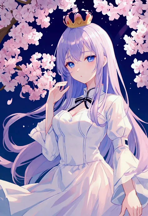 pale violet color hair, blue eyes, navy color crown, white dress, cherry blossom, night