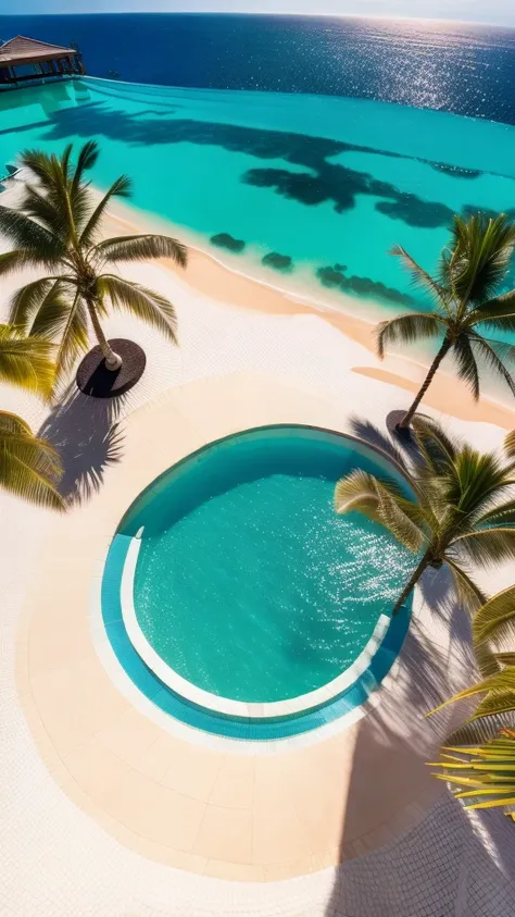 from a bird's-eye view, describe the scene from the balcony of a modern, luxurious resort hotel in a tropical paradise. the stun...