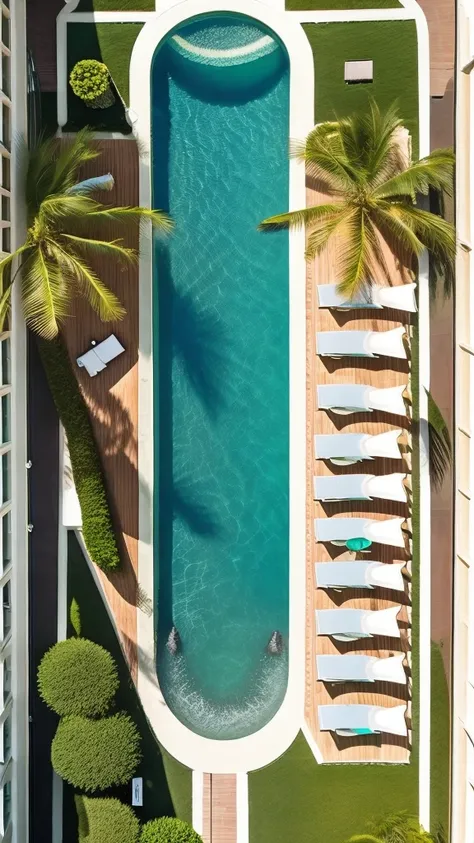 from a bird's-eye view, describe the scene from the balcony of a modern, luxurious resort hotel in a tropical paradise. the stun...