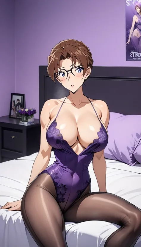 Best quality,masterpiece,brown hair,Purple evening dress,Big breasts,Perfect body,full-body shot,Cool poster,Wearing glasses,36 mature beauties,Single player anime style,seduces a young blackman，（strong and naked black man，short pants，muscle body，bodybuild...