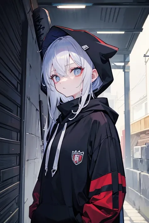 Hoodie that covers the neck、neck warmer、Looking up at a person from below、Dark Back Alley、Holding a baseball bat、pupils are constricted、Sharp Eyes、A look of contempt、