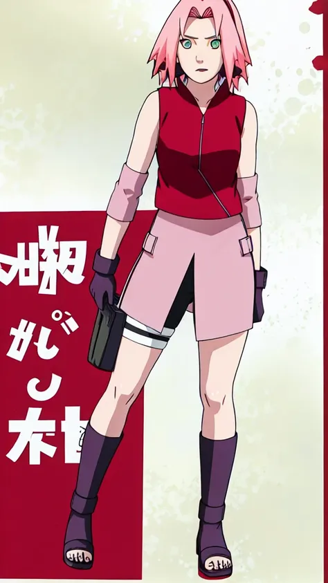 Sakura Haruno, Sakura Shippuden, open shirt,Unbuttoned, Split in the middle of the shirt, Sleeveless, Masterpiece, 1 woman, green eyes, condescending, elbow covers, black gloves, full body,Leg lift,far corner,sexy