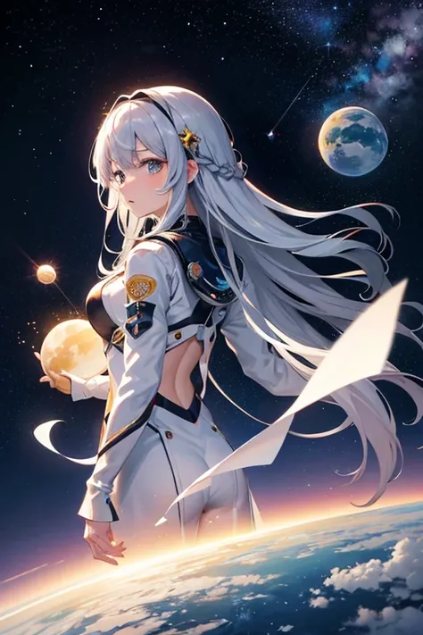 masterpiece, Highest quality, High resolution，Follow the on-screen instructions、Anime Style、Follow the prompts、One Girl、Long silver hair、、universe space、Confused、Spacewalk、Reaching out to the earth、Adrift in Space