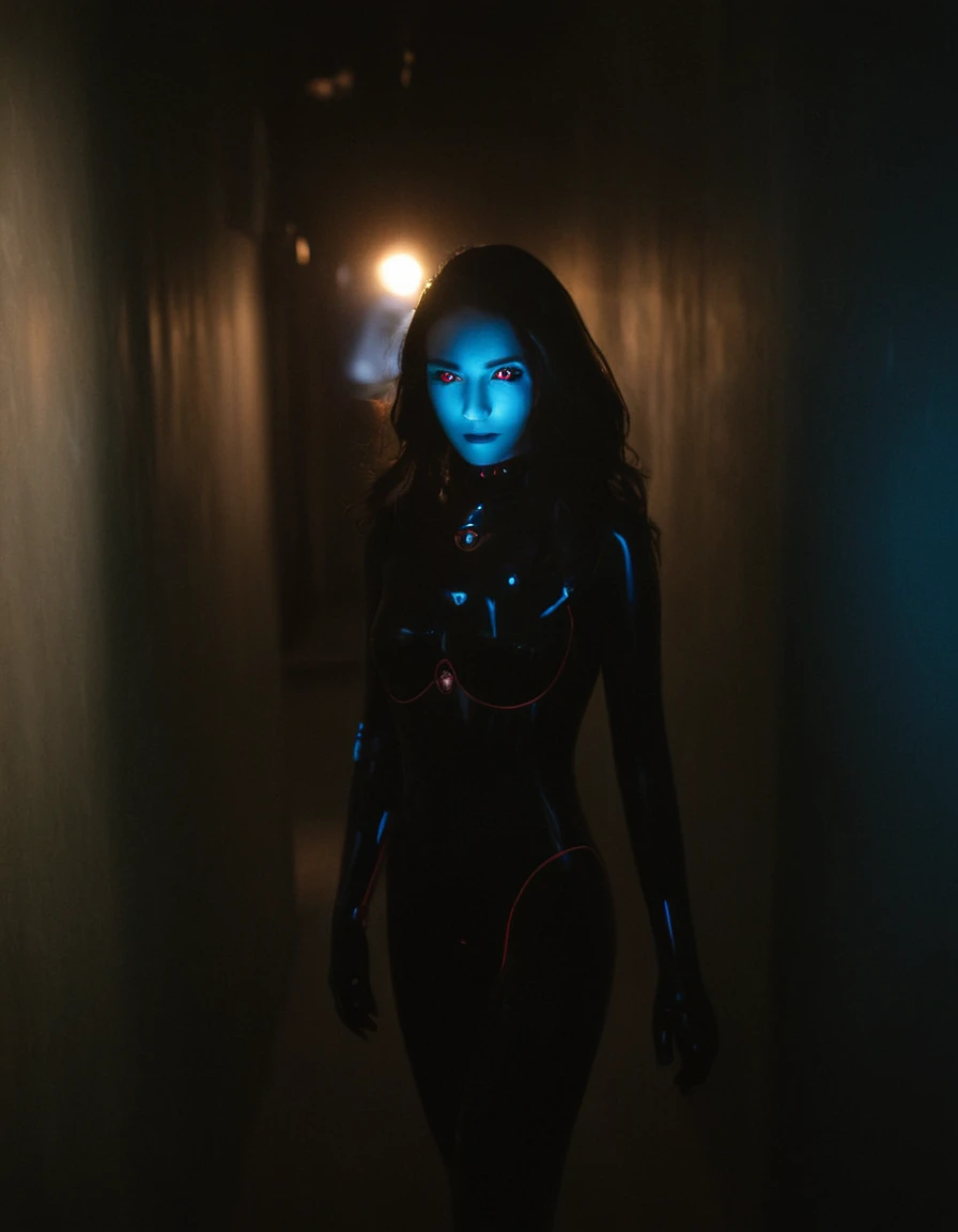 photograph cyborgcosplay, walking in the shadow, glowing eyes, red eyes, 50mm . cinematic 4k epic detailed 4k epic detailed phot...