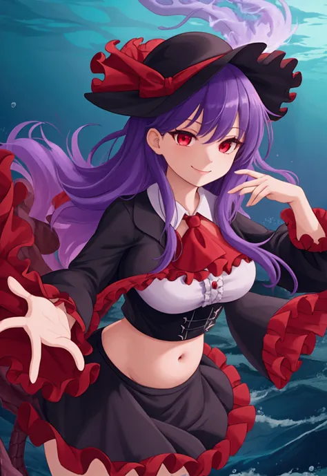 that dragon, Purple Hair, Red eyes, smile, Black Hat, Frills, Feather coat, Black Skirt, White shirt, Red Ascot, lightning, Ocean,underwater masterpiece, Highest quality, Perfect composition , belly button、Big Breasts