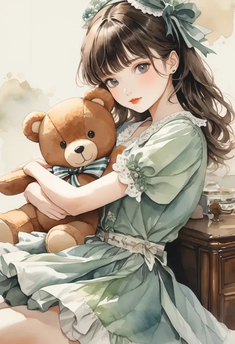 ((antique:1.5)),((hugging a teddy bear)),(teddy bear),beautiful and cute woman,1 female,solo,sharp features,sophisticated,((wate...