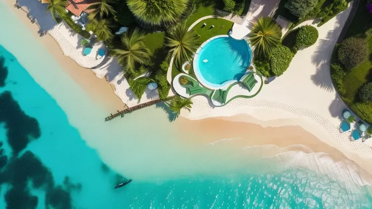 from a bird's-eye view, describe the scene from the balcony of a modern, luxurious resort hotel in a tropical paradise. the stun...