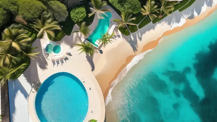 from a bird's-eye view, describe the scene from the balcony of a modern, luxurious resort hotel in a tropical paradise. the stun...