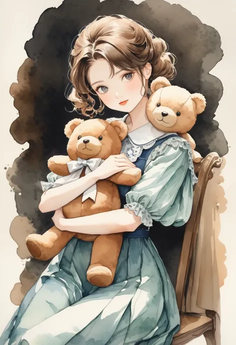 ((antique:1.5)),((hugging a teddy bear)),(teddy bear),beautiful and cute woman,1 female,solo,sharp features,sophisticated,((wate...