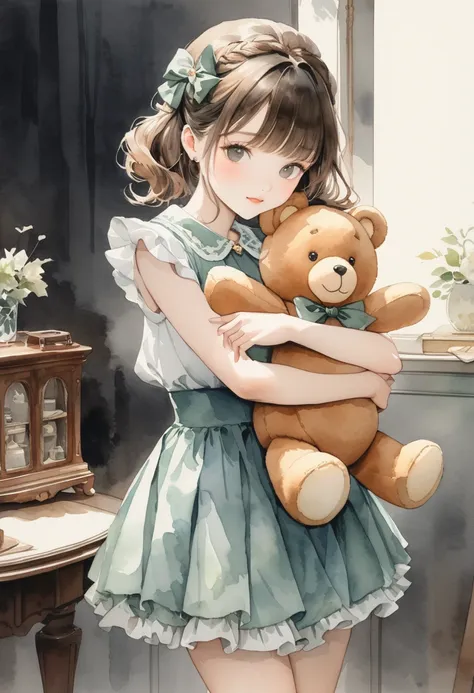 ((antique:1.5)),((hugging a teddy bear)),(teddy bear),beautiful and cute woman,1 female,solo,sharp features,sophisticated,((wate...