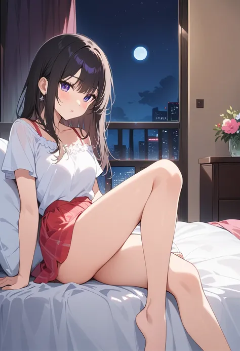 high quality,, 最high quality、 Stylish design, (((The most beautiful girl))), ((Thin legs))、(((最high quality))), High resolution, ((detailed)), ((masterpiece)), ((Super detailed)), 16-year-old girl、B girl fashion、Black Hair、Inner Color、((At the bed,night)),...