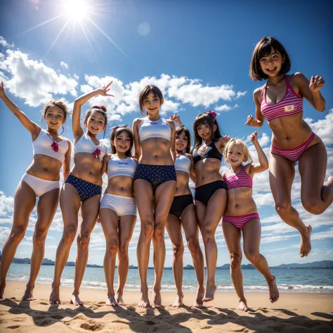  Masterpiece of ProfessionalPhoto ((ExtremelyDetailed (12 PICHIPICHI KAWAII Girls Floating in The Air in a row:1.37) in WHITE at Dusk Enoshima Beach)), {(Standing Full Body:1.2)|(from below:1.2)|Detailed KAWAII face}, Different types of hair colors, {(skin...