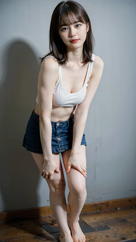 open shirt, (((leaning forward))), ((,round face, around 24 years old,mini skirt、loose tank top)),  long hair, , natural makeup,...