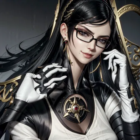 bayo, bayonetta, 1 girl, alone, mole under mouth, glasses, black hair, mole, jewelry, compensate, earrings, smile, eye shadow, p...